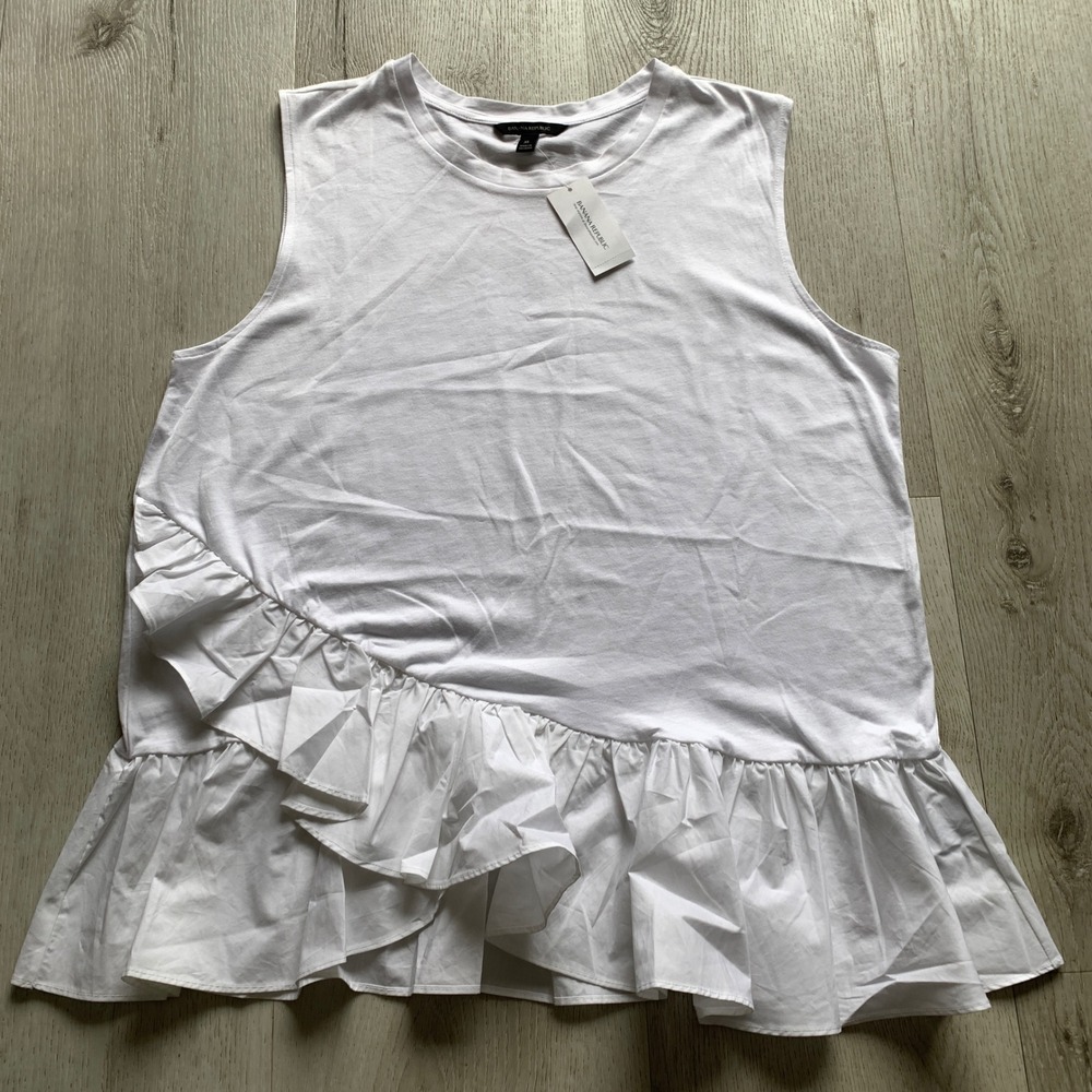 Banana Republic Womens White Ruffle Hem Couture Tee